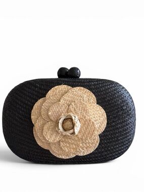Black Woven Clutch with Natural Straw Flower Accent